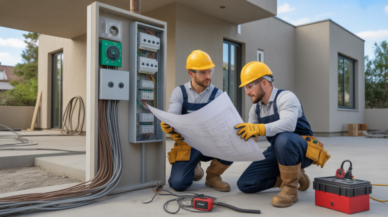 Électriciens et ingénieurs vérifiant une installation électrique moderne conforme à la norme NFC 15-100, dans un environnement de chantier réaliste et lumineux.