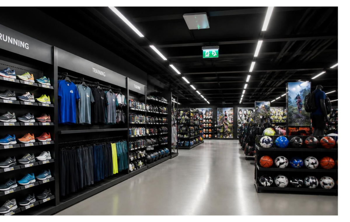 Rayonnage d’un magasin de sport sous éclairage LED, avec bloc de secours au plafond