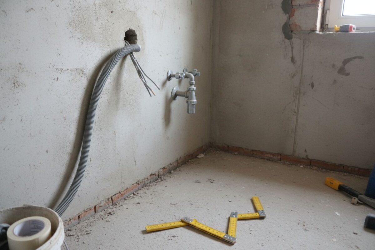 Une salle de bain en chantier, la gaine électrique sortant du mur à l'emplacement du futur lavabo