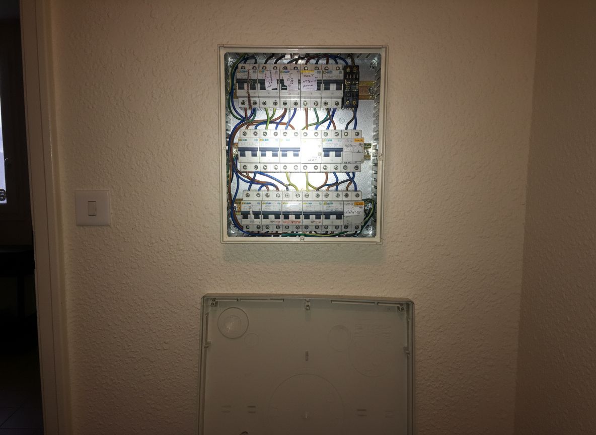 Un tableau électrique ouvert, prêt pour le contrôle avant Consuel